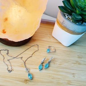 Chalcedony and 925 Stainless Steel Earrings Necklace and Ring Set Blue Silver